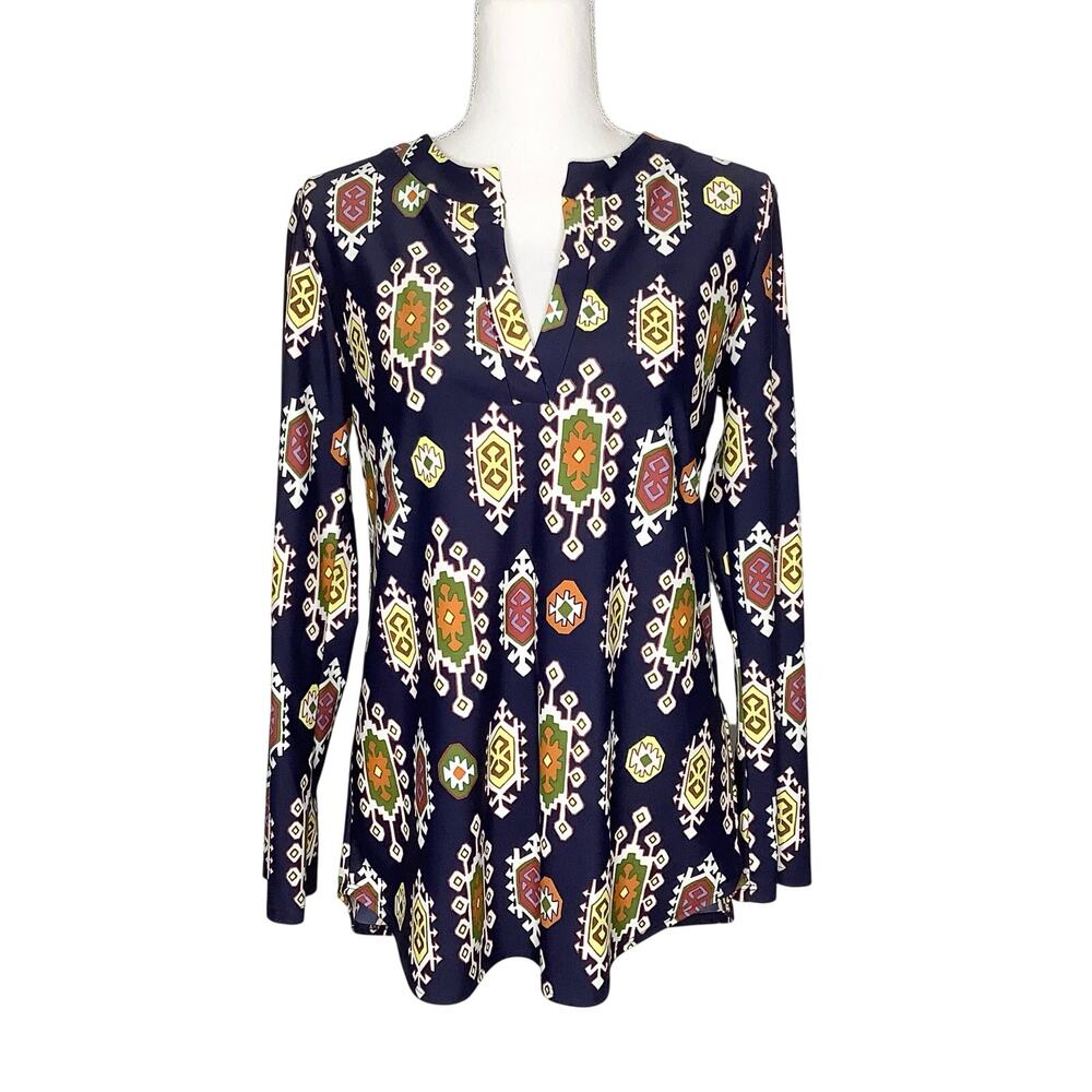 Jude Connally Blue Printed Long Sleeve Split V-Neck Tunic Top Jude Cloth Small